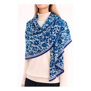 Hand Embroidered Teal/Royal Blue Floral Scarf Shawl Sequined Mesh Wrap Boho Chic